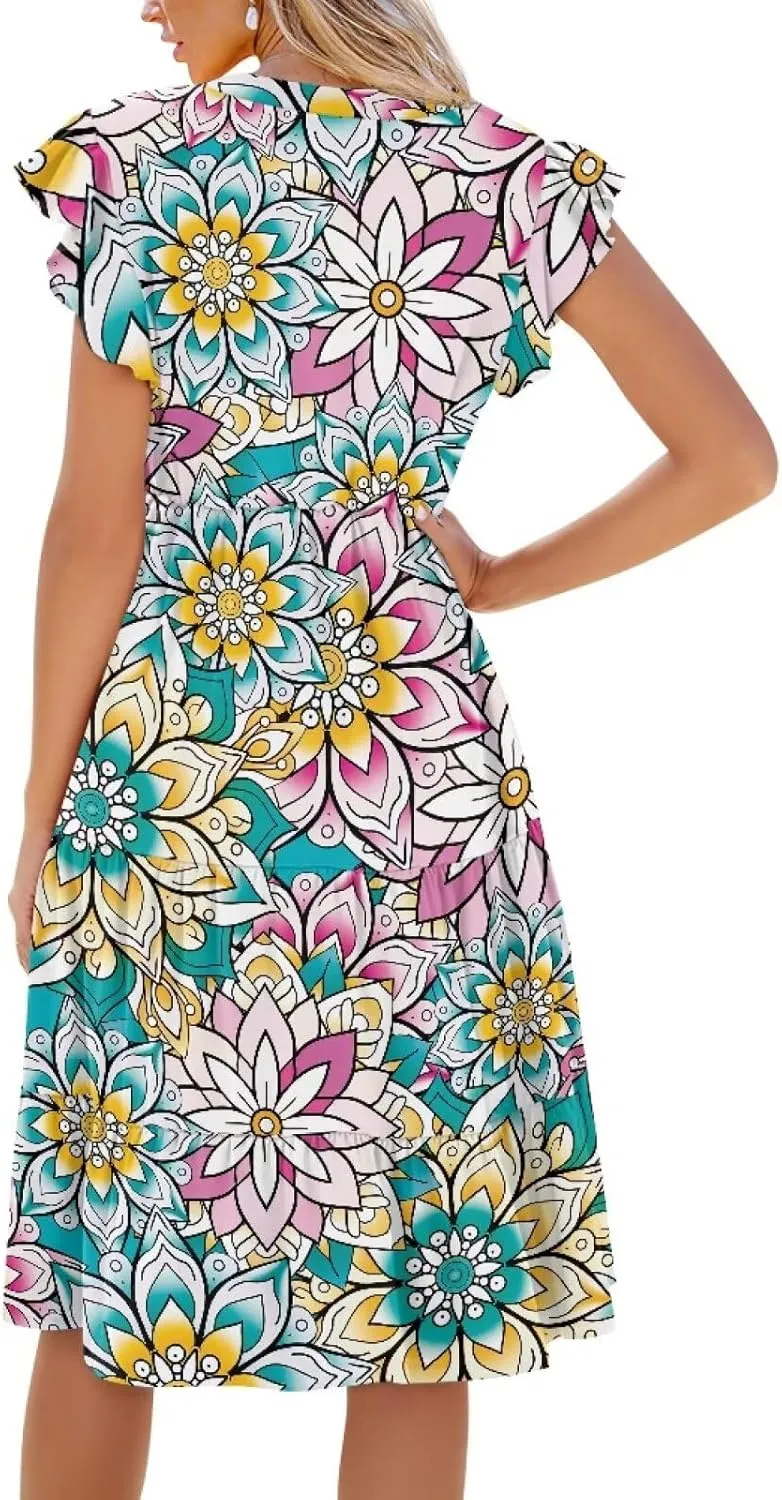 Womens Sundress Summer Tiered Dress Floral Ruffle Short Sleeve V Neck A-Line Midi Dress with Pockets, S-2XL
