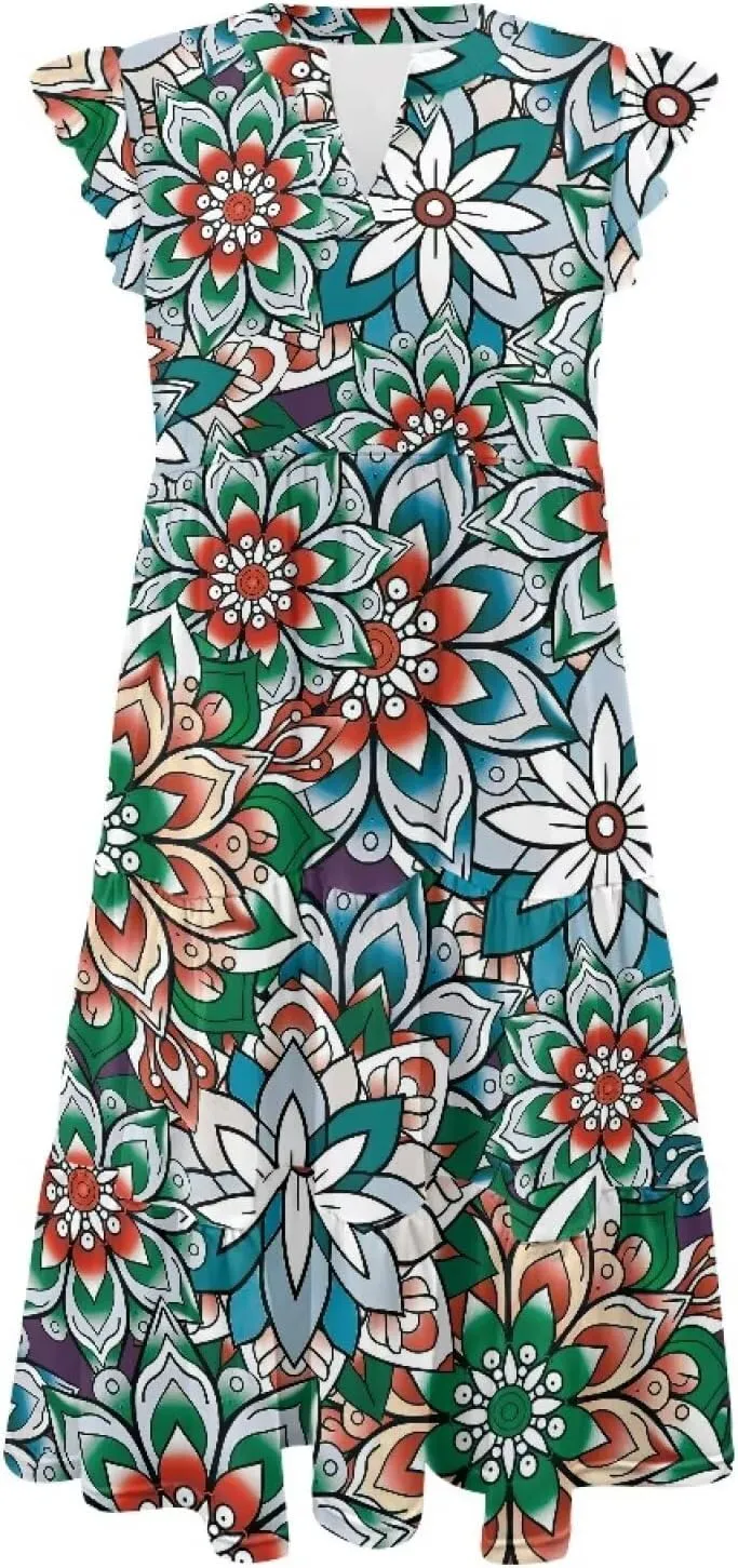 Womens Sundress Summer Tiered Dress Floral Ruffle Short Sleeve V Neck A-Line Midi Dress with Pockets, S-2XL