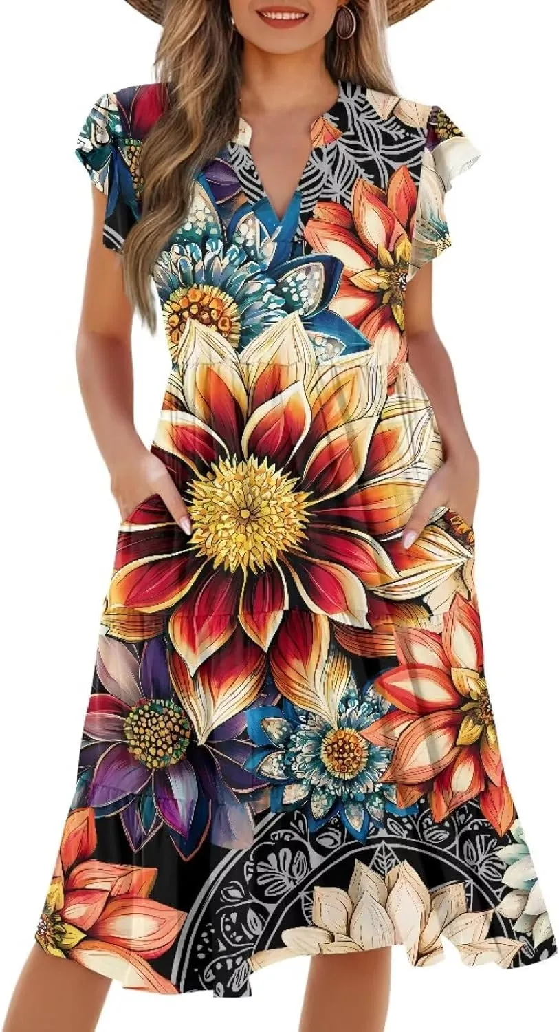 Womens Sundress Summer Tiered Dress Floral Ruffle Short Sleeve V Neck A-Line Midi Dress with Pockets, S-2XL