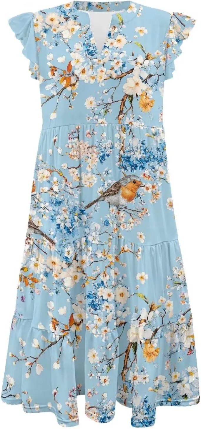 Womens Sundress Summer Tiered Dress Floral Ruffle Short Sleeve V Neck A-Line Midi Dress with Pockets, S-2XL