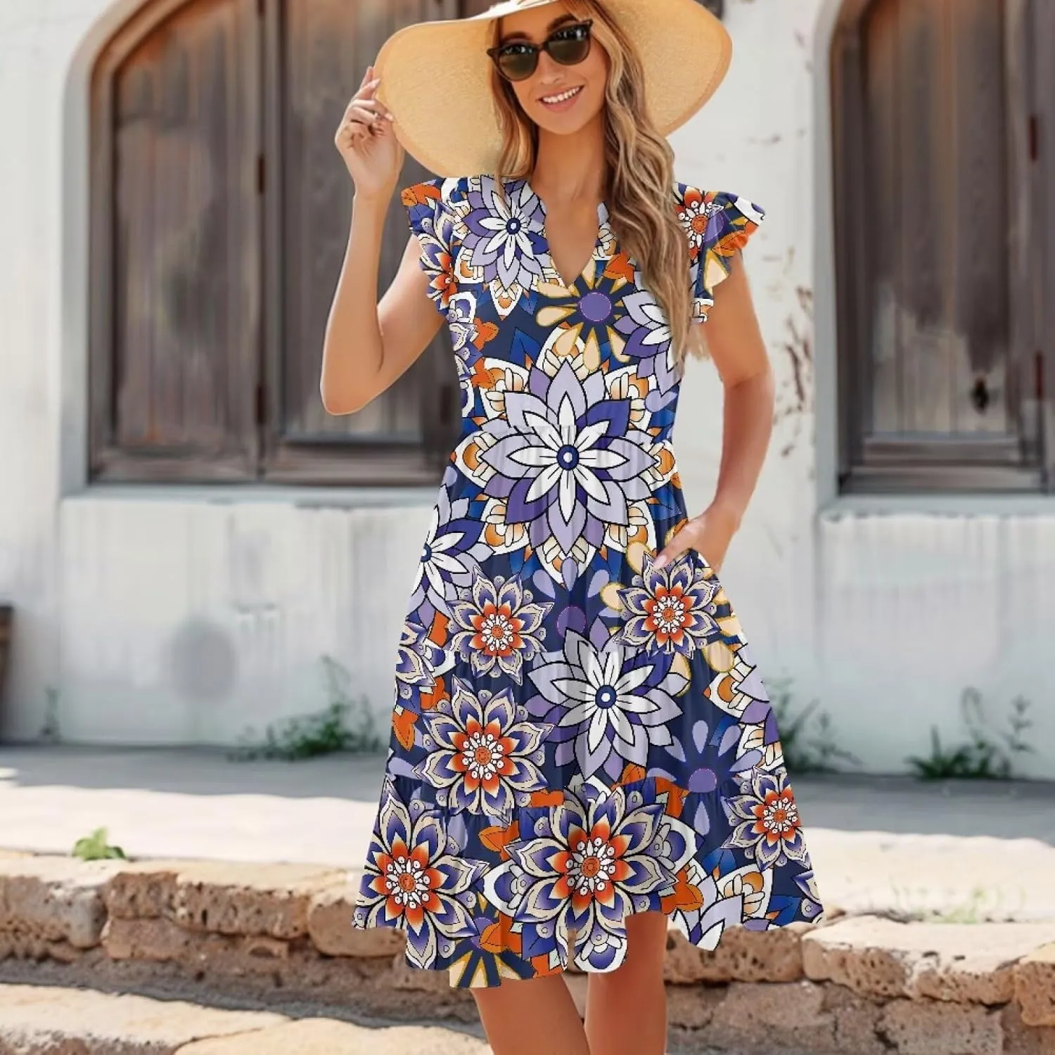 Womens Sundress Summer Tiered Dress Floral Ruffle Short Sleeve V Neck A-Line Midi Dress with Pockets, S-2XL