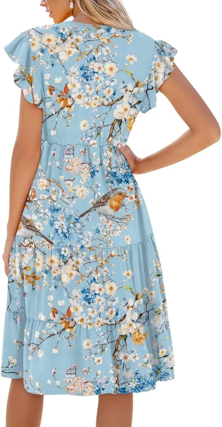 Womens Sundress Summer Tiered Dress Floral Ruffle Short Sleeve V Neck A-Line Midi Dress with Pockets, S-2XL