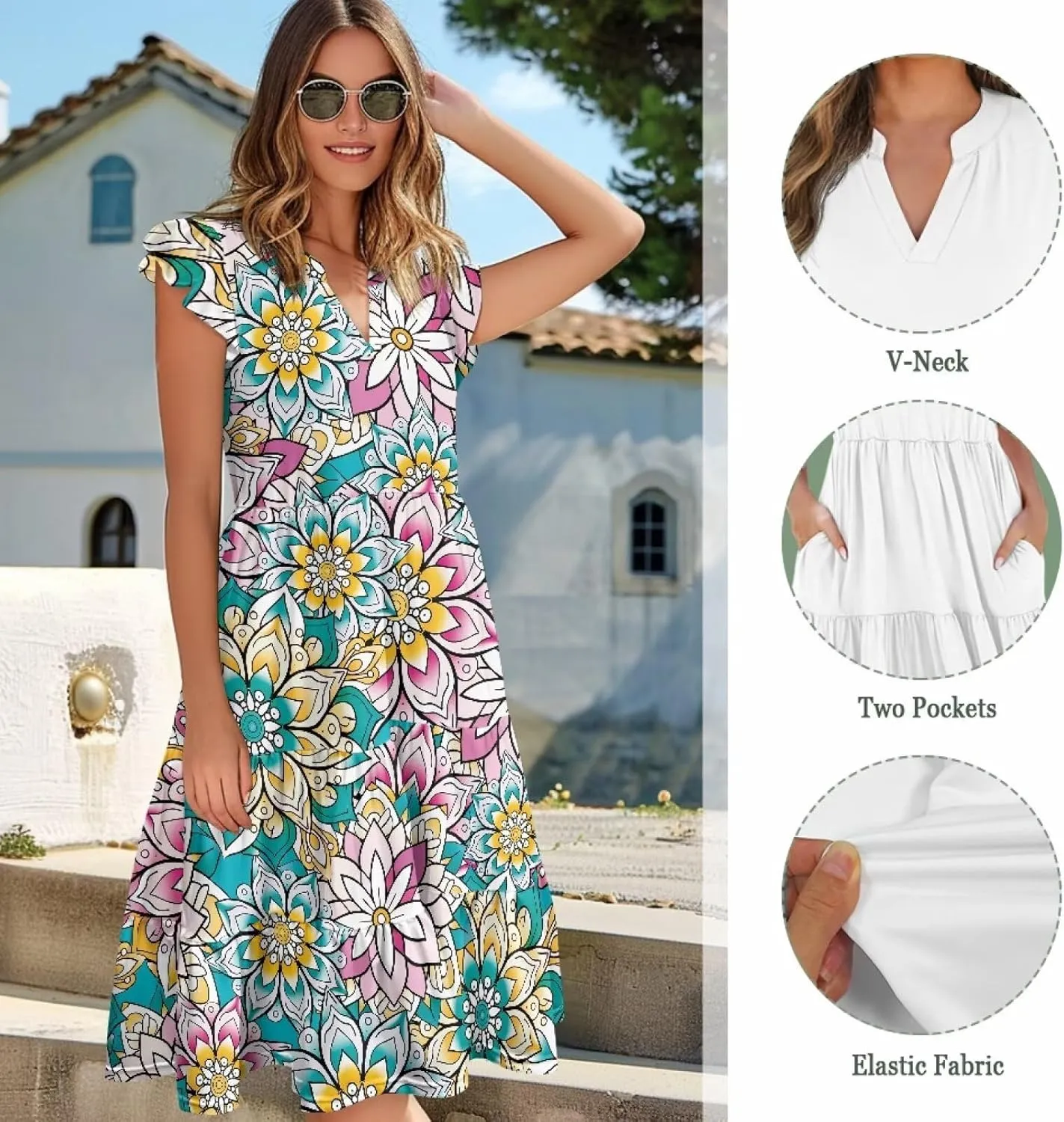 Womens Sundress Summer Tiered Dress Floral Ruffle Short Sleeve V Neck A-Line Midi Dress with Pockets, S-2XL