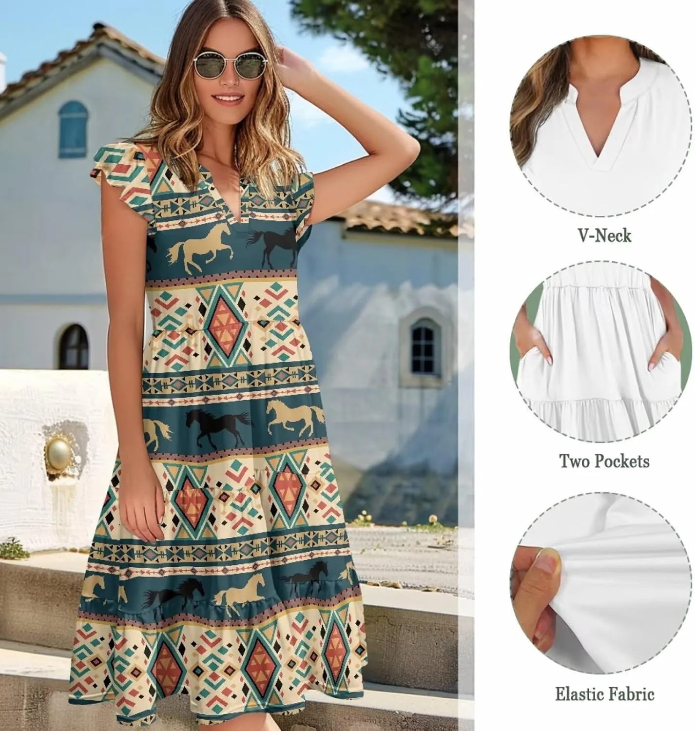 Womens Sundress Summer Tiered Dress Floral Ruffle Short Sleeve V Neck A-Line Midi Dress with Pockets, S-2XL