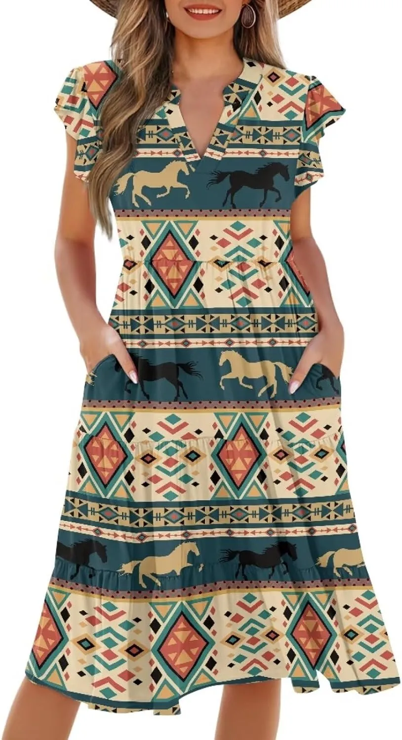 Womens Sundress Summer Tiered Dress Floral Ruffle Short Sleeve V Neck A-Line Midi Dress with Pockets, S-2XL