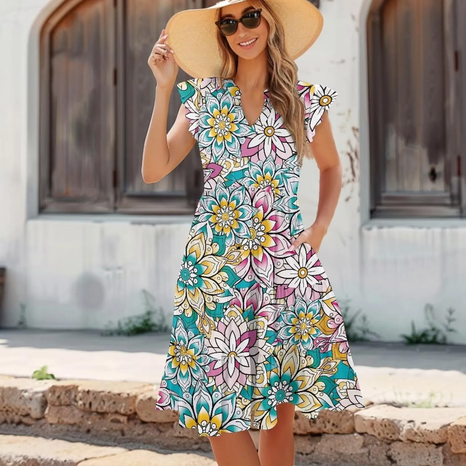Womens Sundress Summer Tiered Dress Floral Ruffle Short Sleeve V Neck A-Line Midi Dress with Pockets, S-2XL