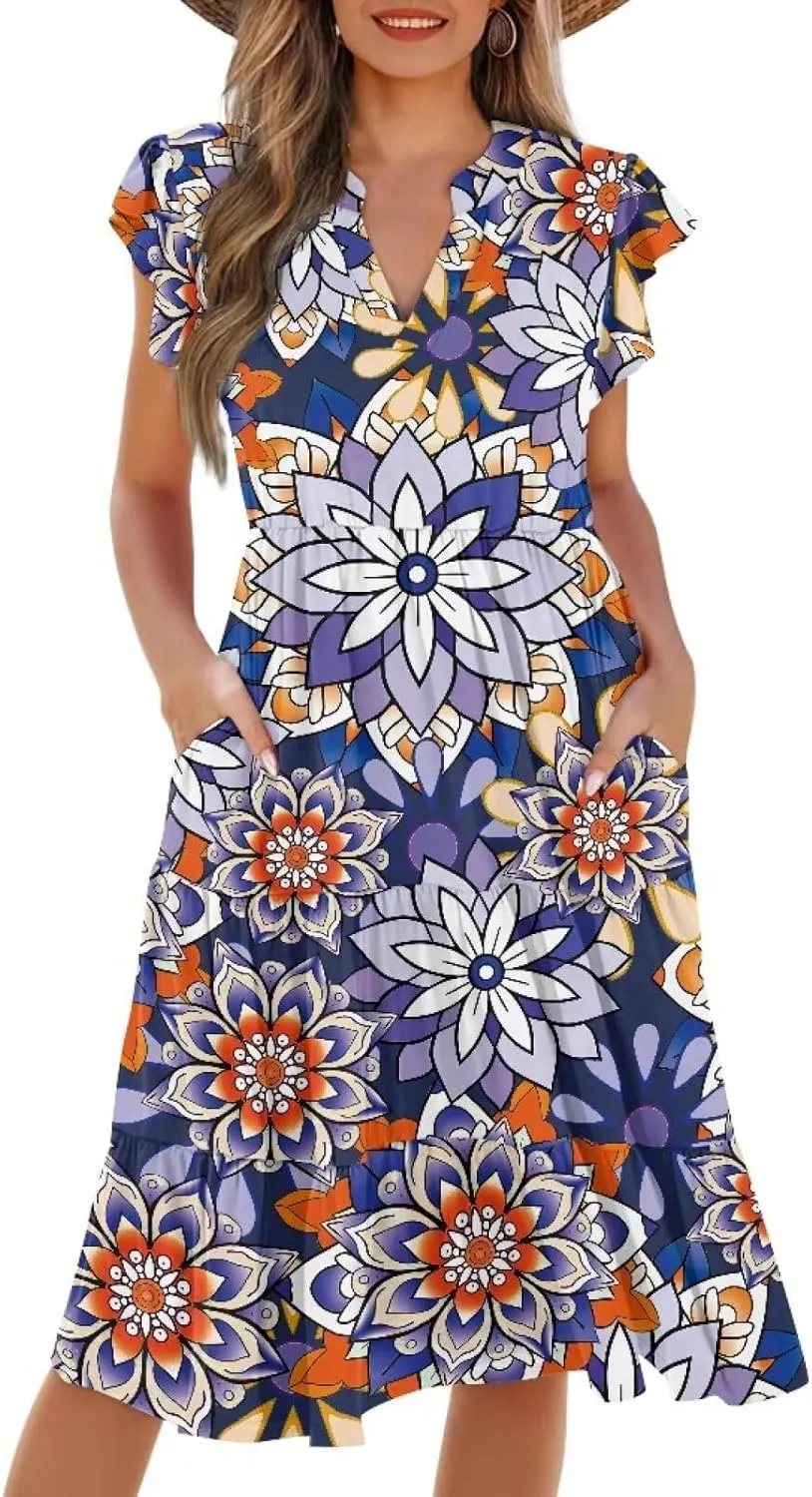 Womens Sundress Summer Tiered Dress Floral Ruffle Short Sleeve V Neck A-Line Midi Dress with Pockets, S-2XL