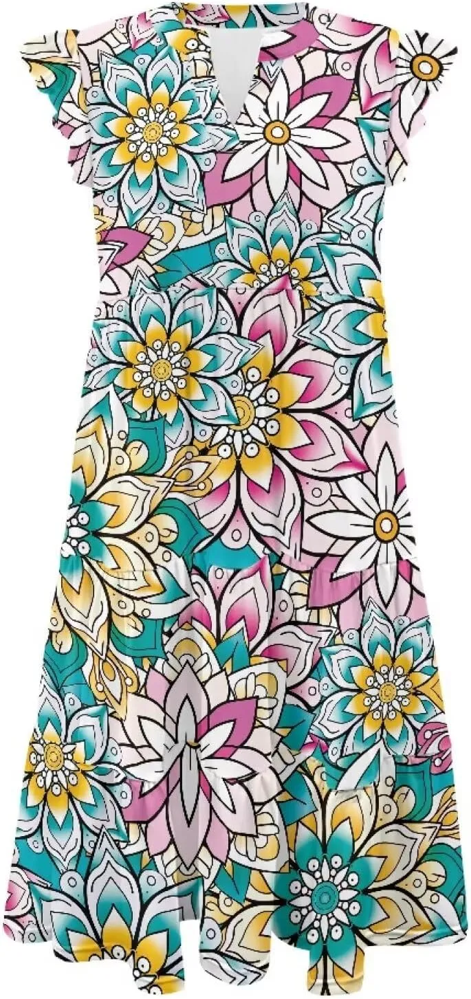 Womens Sundress Summer Tiered Dress Floral Ruffle Short Sleeve V Neck A-Line Midi Dress with Pockets, S-2XL