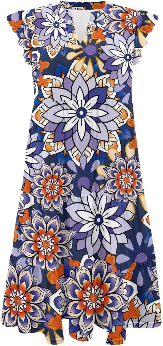 Womens Sundress Summer Tiered Dress Floral Ruffle Short Sleeve V Neck A-Line Midi Dress with Pockets, S-2XL