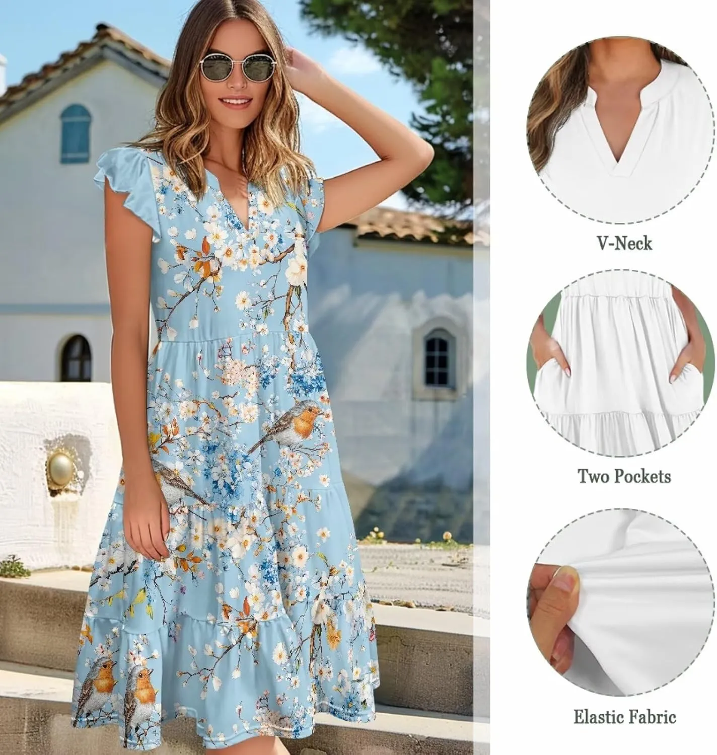 Womens Sundress Summer Tiered Dress Floral Ruffle Short Sleeve V Neck A-Line Midi Dress with Pockets, S-2XL