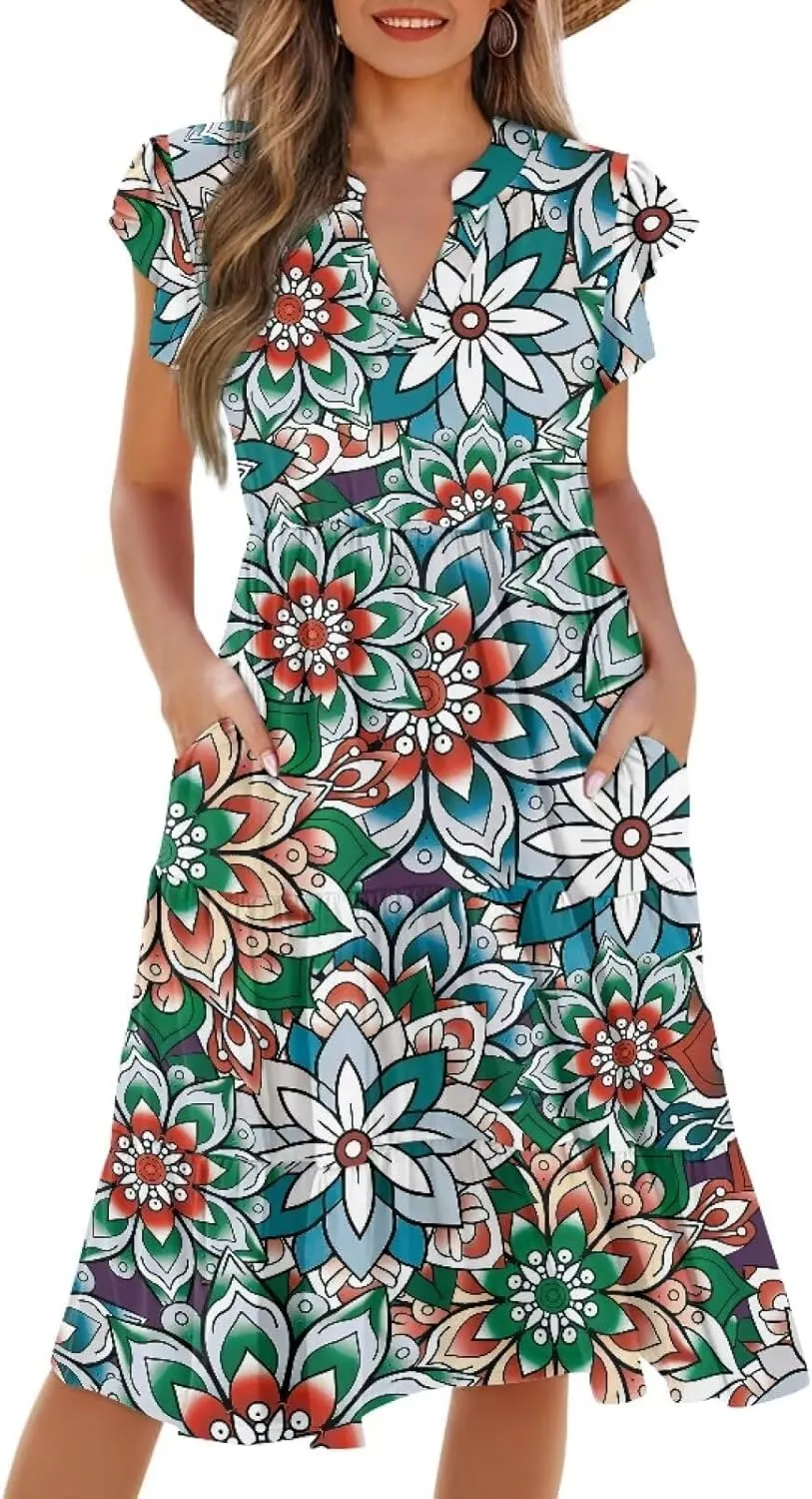 Womens Sundress Summer Tiered Dress Floral Ruffle Short Sleeve V Neck A-Line Midi Dress with Pockets, S-2XL