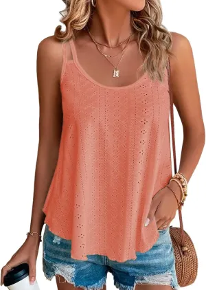 Womens Tank Tops Casual Flowy Eyelet Spaghetti Strap Summer Tops Sexy Sleeveless Shirts Loose Fit Tunic Camisoles