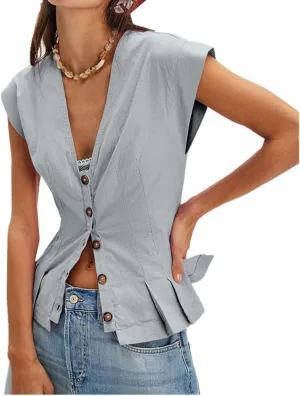 Womens V Neck Button Down Linen Vest Tops Cap Sleeve Fitted Tank Tops Summer Trendy Casual Waistcoat