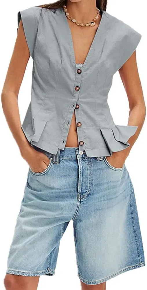 Womens V Neck Button Down Linen Vest Tops Cap Sleeve Fitted Tank Tops Summer Trendy Casual Waistcoat