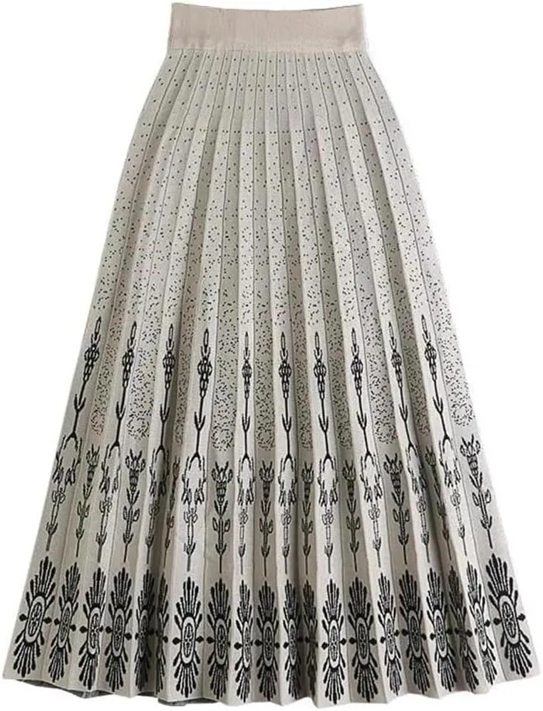 Women's Vintage Print A-Line Knitted Midi Skirt High Waist Pleated Acrylic