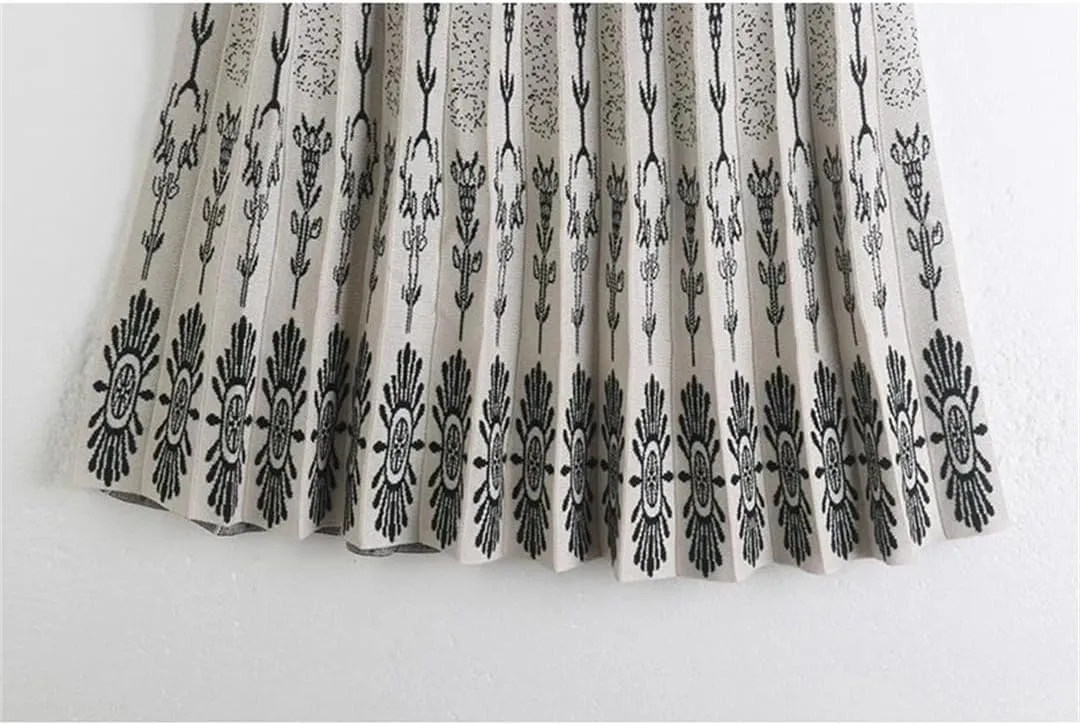 Women's Vintage Print A-Line Knitted Midi Skirt High Waist Pleated Acrylic