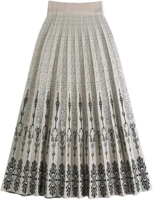 Women's Vintage Print A-Line Knitted Midi Skirt High Waist Pleated Acrylic