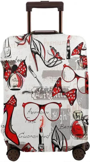 Wondertify Female Cosmetics Set Luggage Cover High Heels Glasses Bags Red Lipstick Perfumes Washable Suitcase Protector Anti-Scratch Suitcase Cover Fits 22-24 Inch
