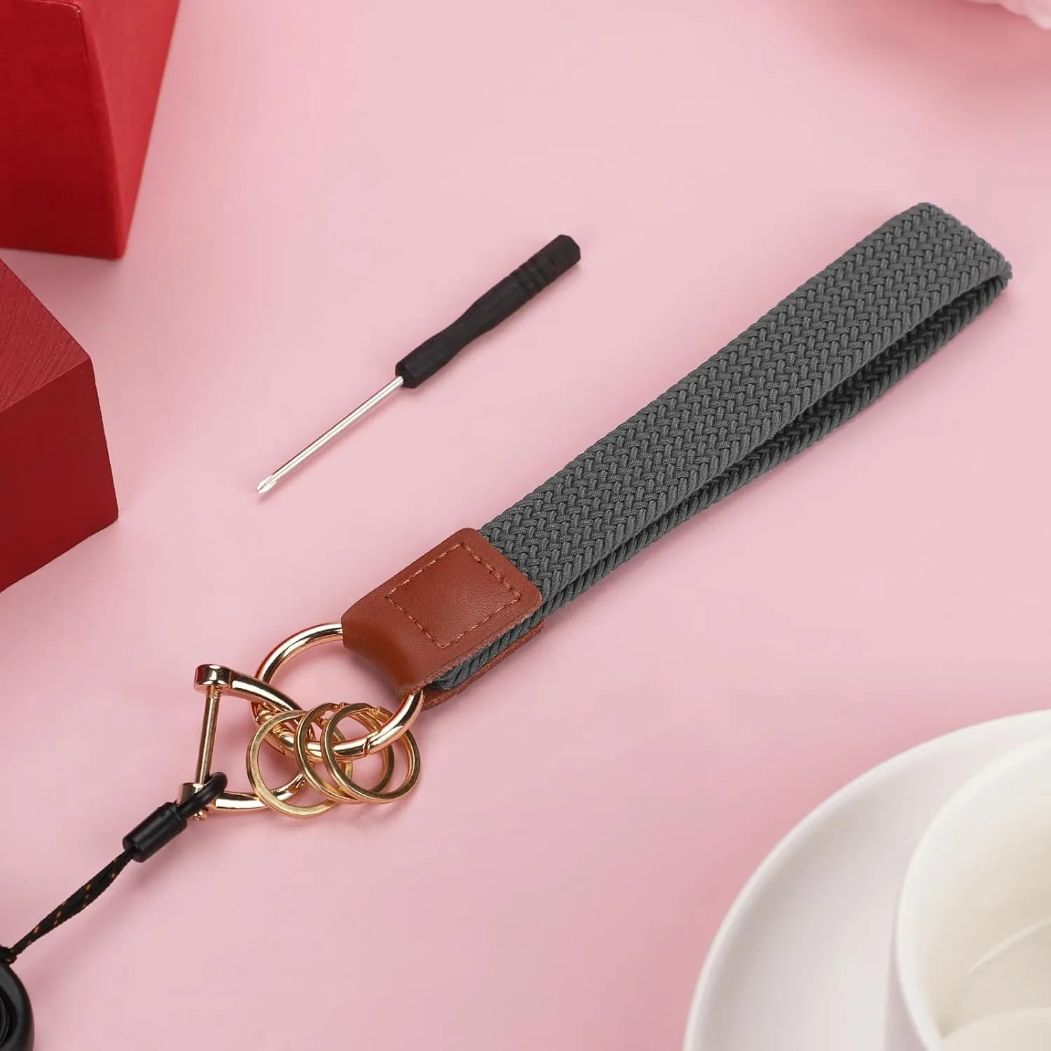 Wristband Keychain Set for Women, with Metal Rings D-Ring Screwdriver Elastic Wristlet Keychain Lanyard for Keys, Key