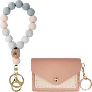 Wristlet Keychain Bracelet Wallet for Women Silicone Beaded Car Key Rings with Bangle Card Holder