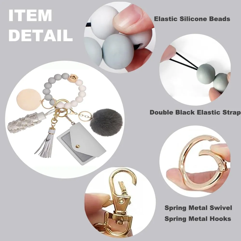 Wristlet Keychain Bracelet With Wallet Card Holder, Silicone Beaded Key Rings Bangle Wrist Keychain Set for Women