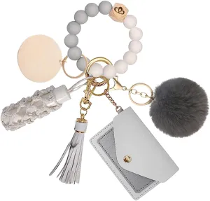 Wristlet Keychain Bracelet With Wallet Card Holder, Silicone Beaded Key Rings Bangle Wrist Keychain Set for Women