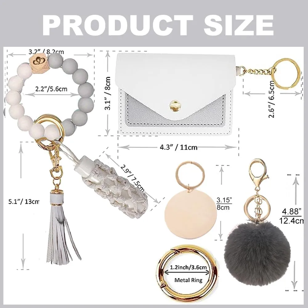 Wristlet Keychain Bracelet With Wallet Card Holder, Silicone Beaded Key Rings Bangle Wrist Keychain Set for Women
