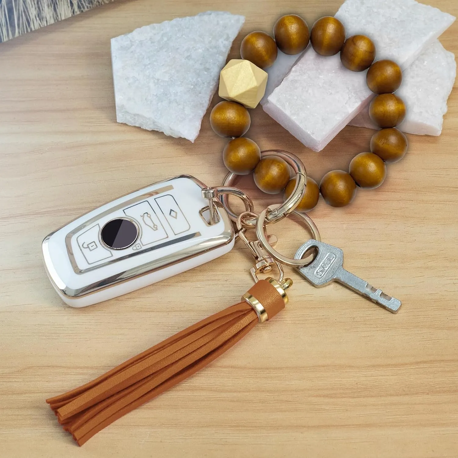 Wristlet Keychain with 4 Key Rings Wooden Beaded Bracelet Key Chain Bangle Key Holder with Leather Tassel