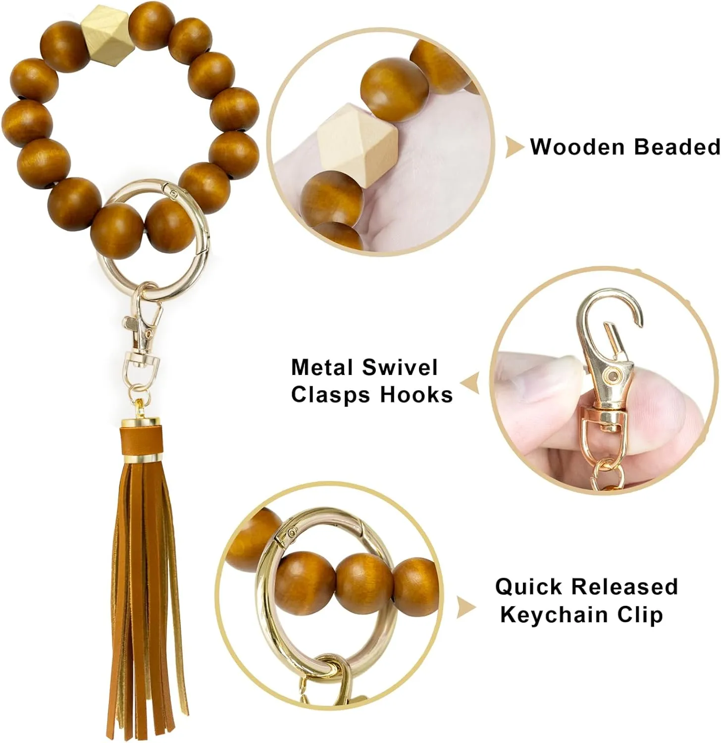 Wristlet Keychain with 4 Key Rings Wooden Beaded Bracelet Key Chain Bangle Key Holder with Leather Tassel