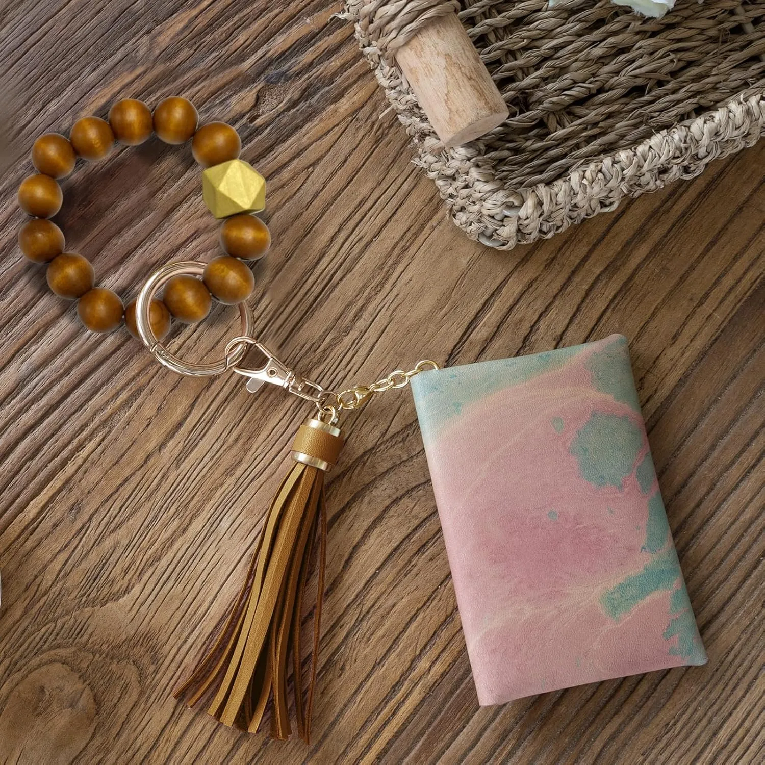 Wristlet Keychain with 4 Key Rings Wooden Beaded Bracelet Key Chain Bangle Key Holder with Leather Tassel