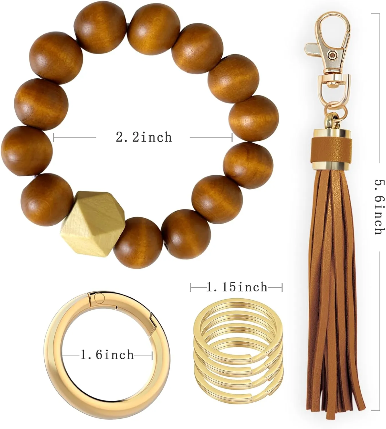 Wristlet Keychain with 4 Key Rings Wooden Beaded Bracelet Key Chain Bangle Key Holder with Leather Tassel
