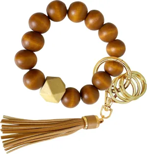 Wristlet Keychain with 4 Key Rings Wooden Beaded Bracelet Key Chain Bangle Key Holder with Leather Tassel