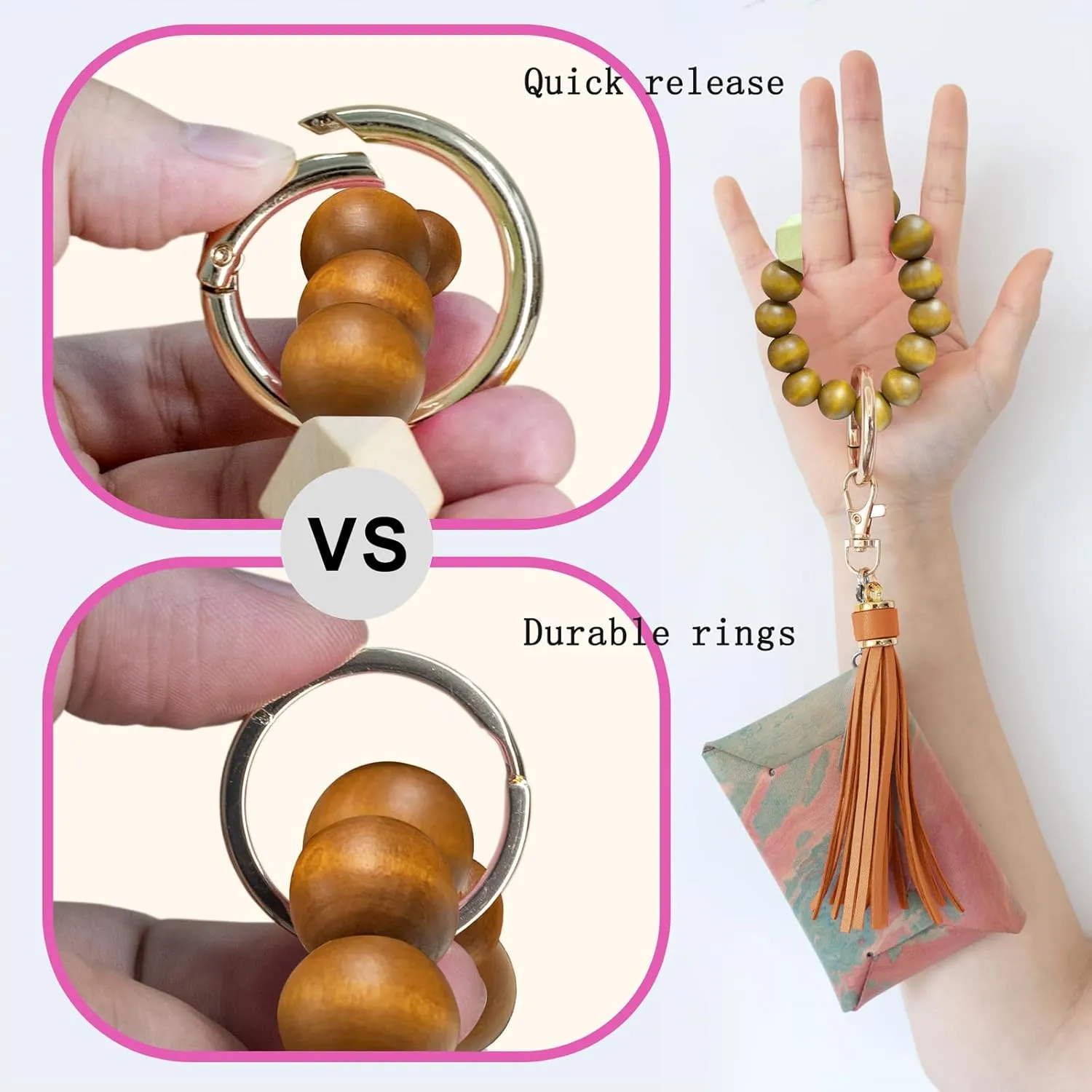Wristlet Keychain with 4 Key Rings Wooden Beaded Bracelet Key Chain Bangle Key Holder with Leather Tassel