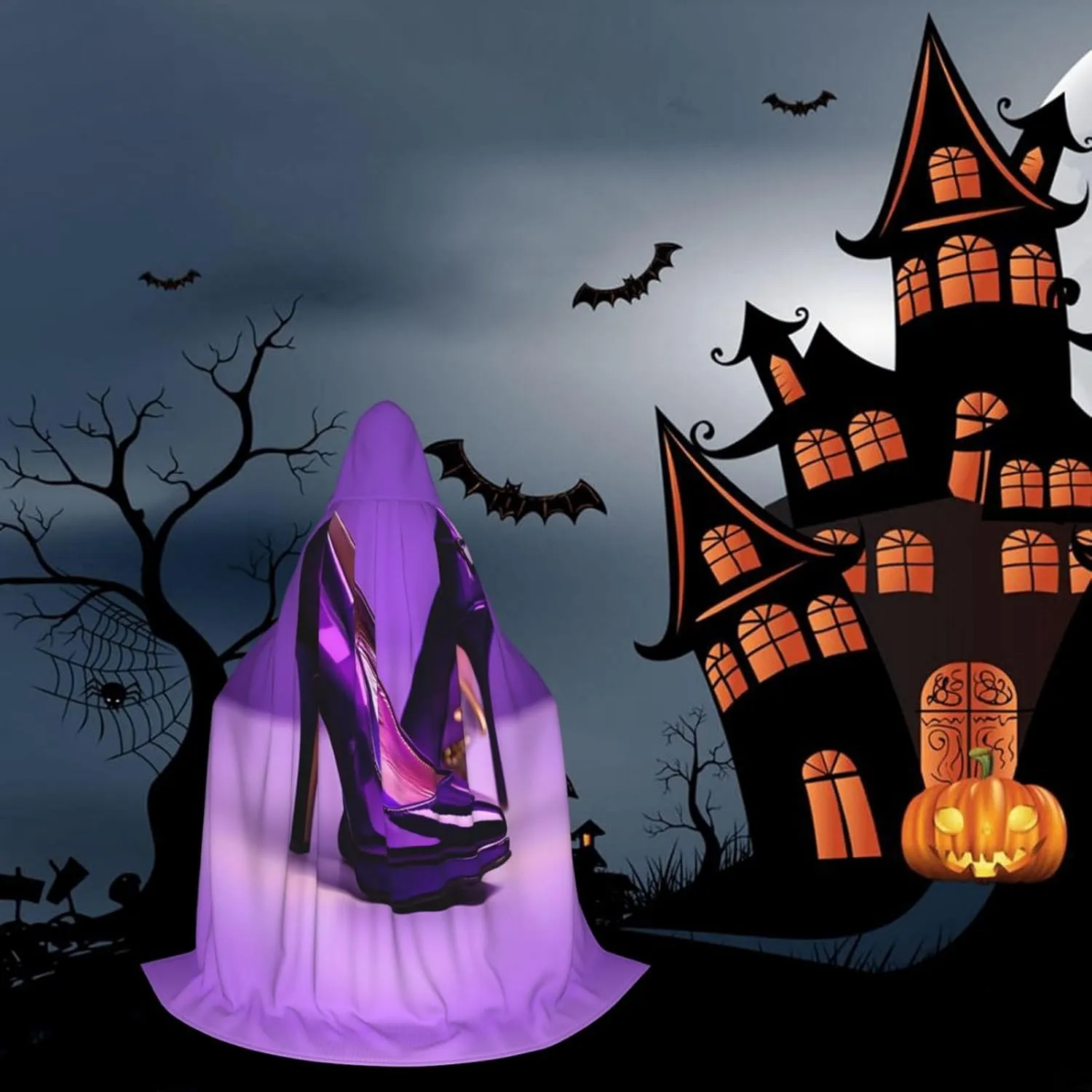 WURTON Elegant Purple High Heels With Lipstick Print Halloween Hooded Capes Renaissance Gothic Cloaks For