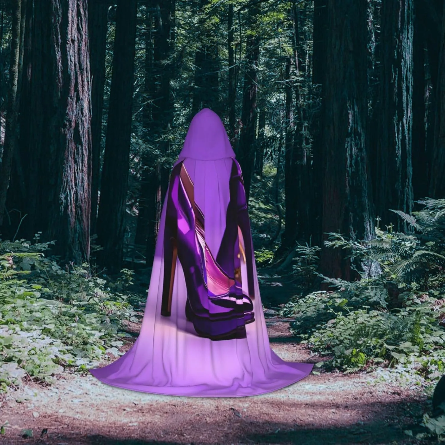 WURTON Elegant Purple High Heels With Lipstick Print Halloween Hooded Capes Renaissance Gothic Cloaks For