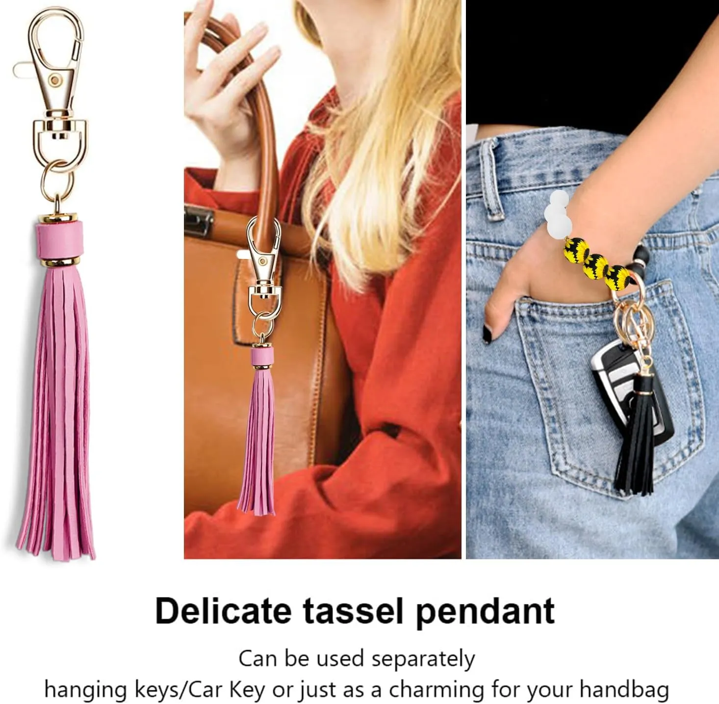 YAPROMO Silicone Beads Keychain Bracelet, Cute Key Ring Wristlet for Women, Key Ring Bangle with Leather Tassel