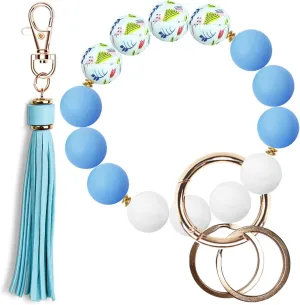 YAPROMO Silicone Beads Keychain Bracelet, Cute Key Ring Wristlet for Women, Key Ring Bangle with Leather Tassel