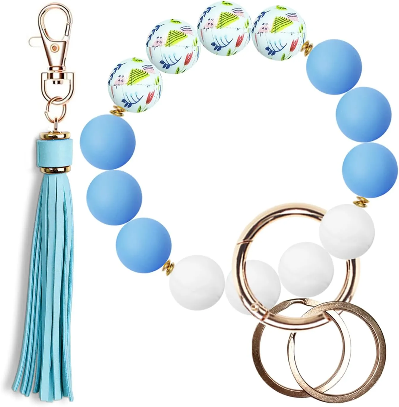 YAPROMO Silicone Beads Keychain Bracelet, Cute Key Ring Wristlet for Women, Key Ring Bangle with Leather Tassel