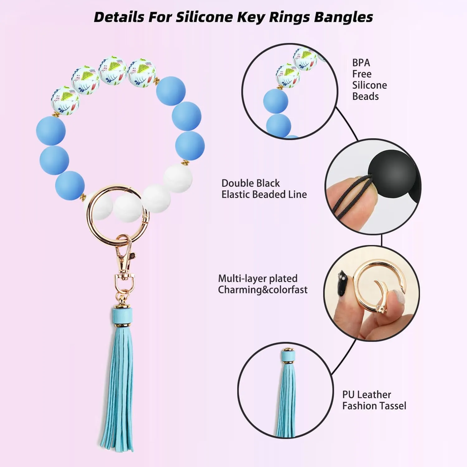 YAPROMO Silicone Beads Keychain Bracelet, Cute Key Ring Wristlet for Women, Key Ring Bangle with Leather Tassel