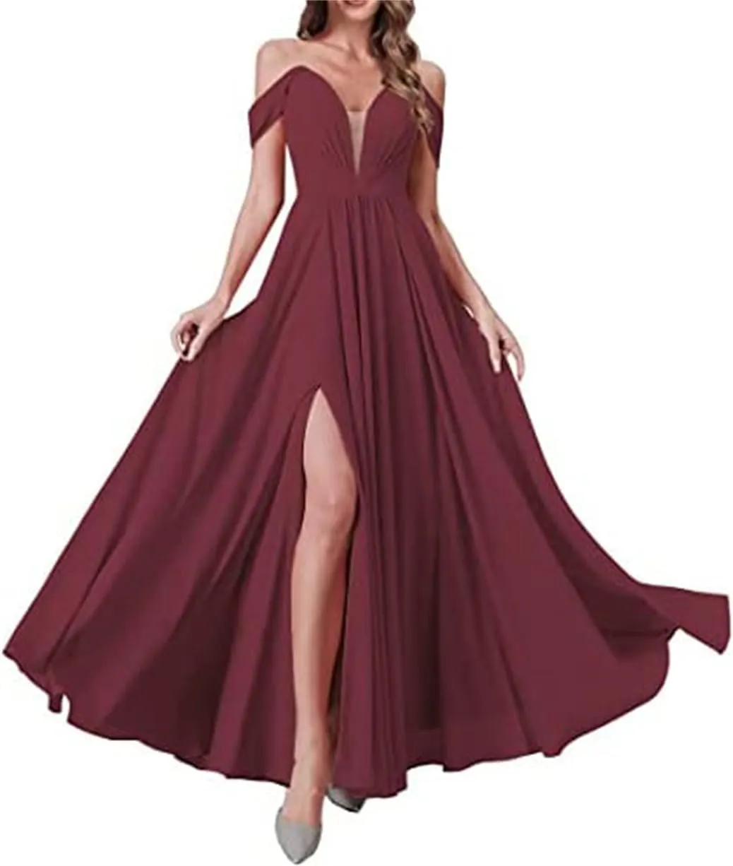 YRGERATON Off The Shoulder Wedding Bridesmaid Dresses Chiffon Formal Evening Prom Gown with Slit Pockets