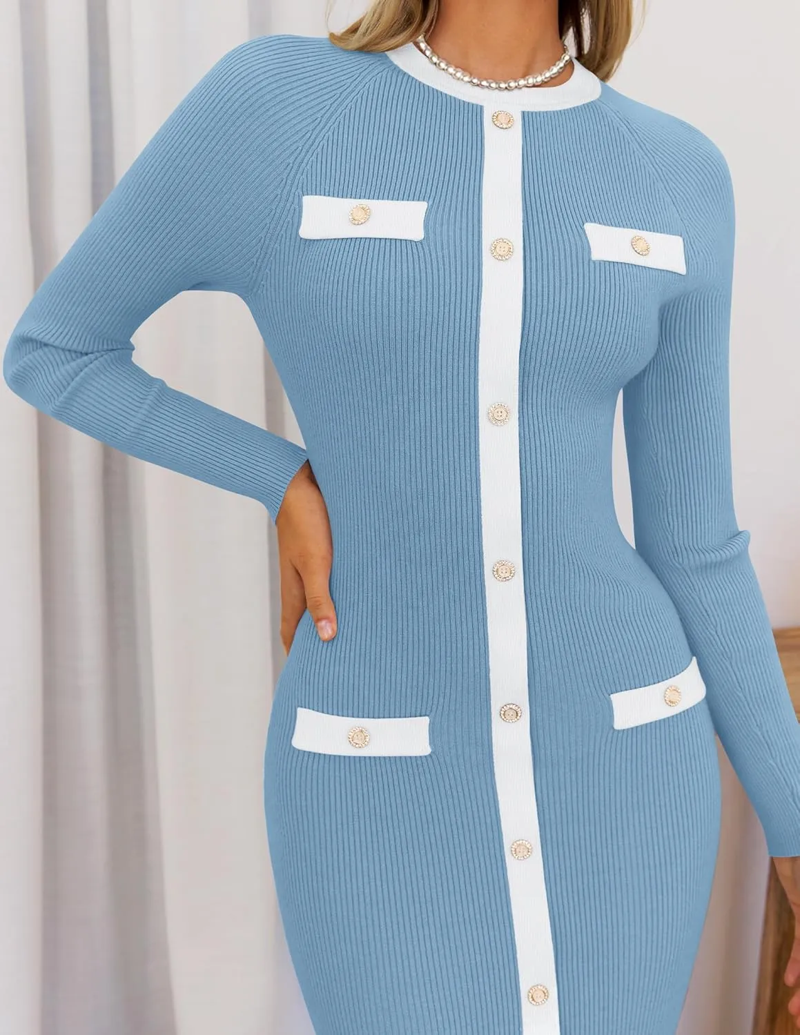 ZESICA Women's Ribbed Crewneck Sweater Dress 2024 Fall Winter Long Sleeve Button Color Block Knit Midi Dresses