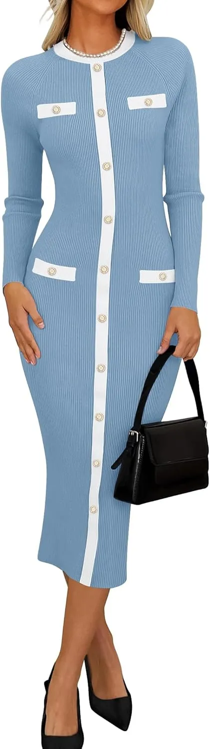 ZESICA Women's Ribbed Crewneck Sweater Dress 2024 Fall Winter Long Sleeve Button Color Block Knit Midi Dresses