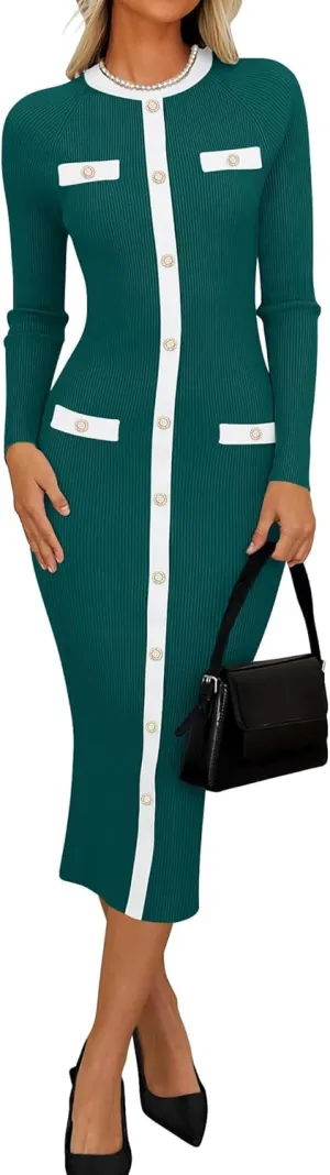 ZESICA Women's Ribbed Crewneck Sweater Dress 2024 Fall Winter Long Sleeve Button Color Block Knit Midi Dresses