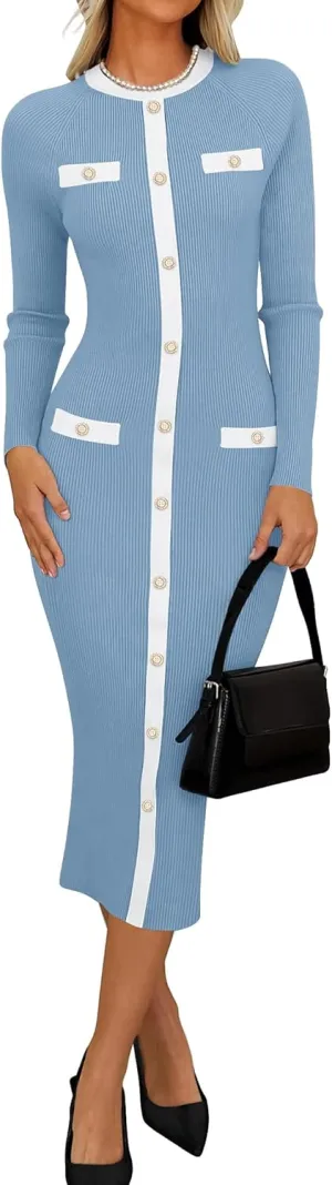 ZESICA Women's Ribbed Crewneck Sweater Dress 2024 Fall Winter Long Sleeve Button Color Block Knit Midi Dresses