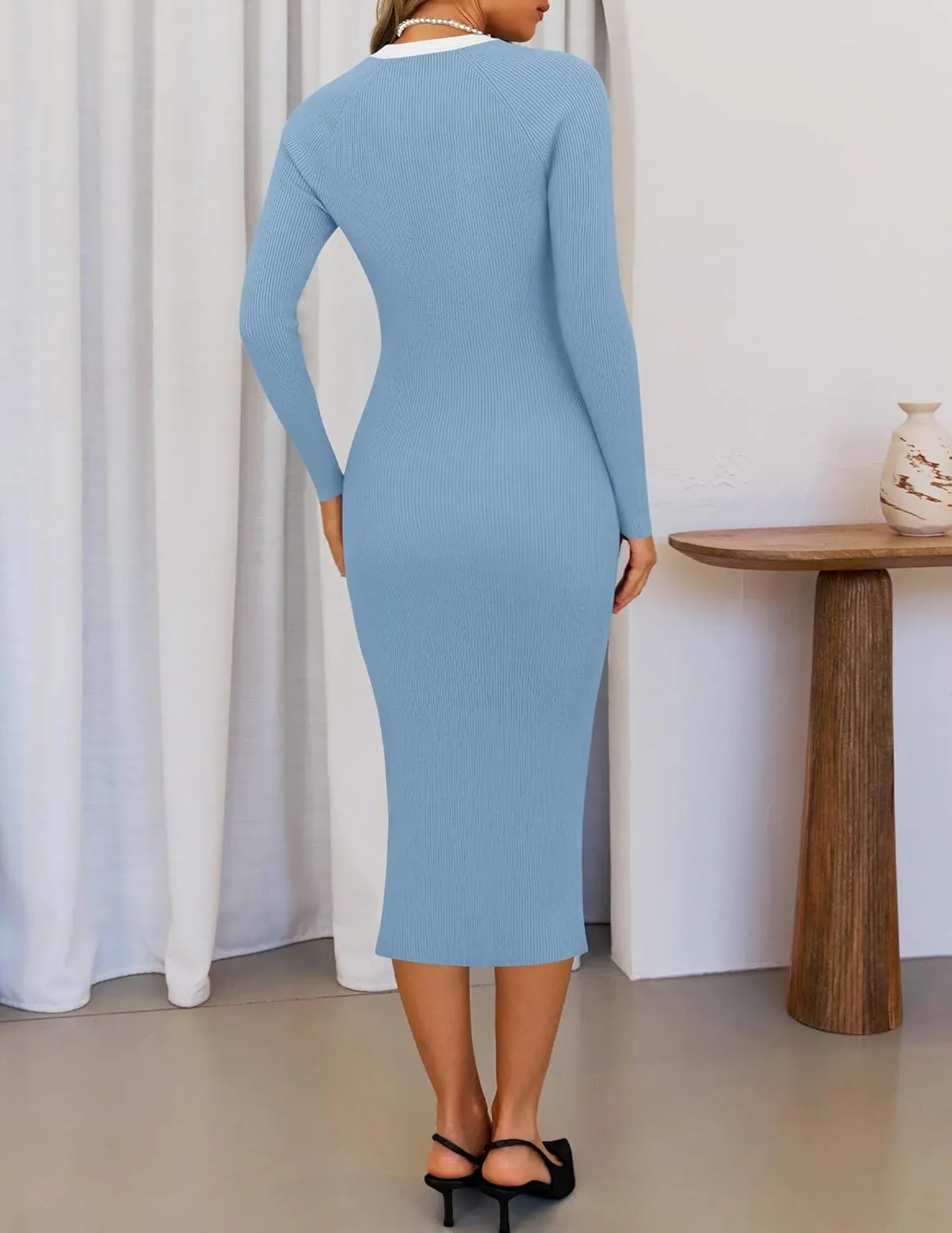 ZESICA Women's Ribbed Crewneck Sweater Dress 2024 Fall Winter Long Sleeve Button Color Block Knit Midi Dresses