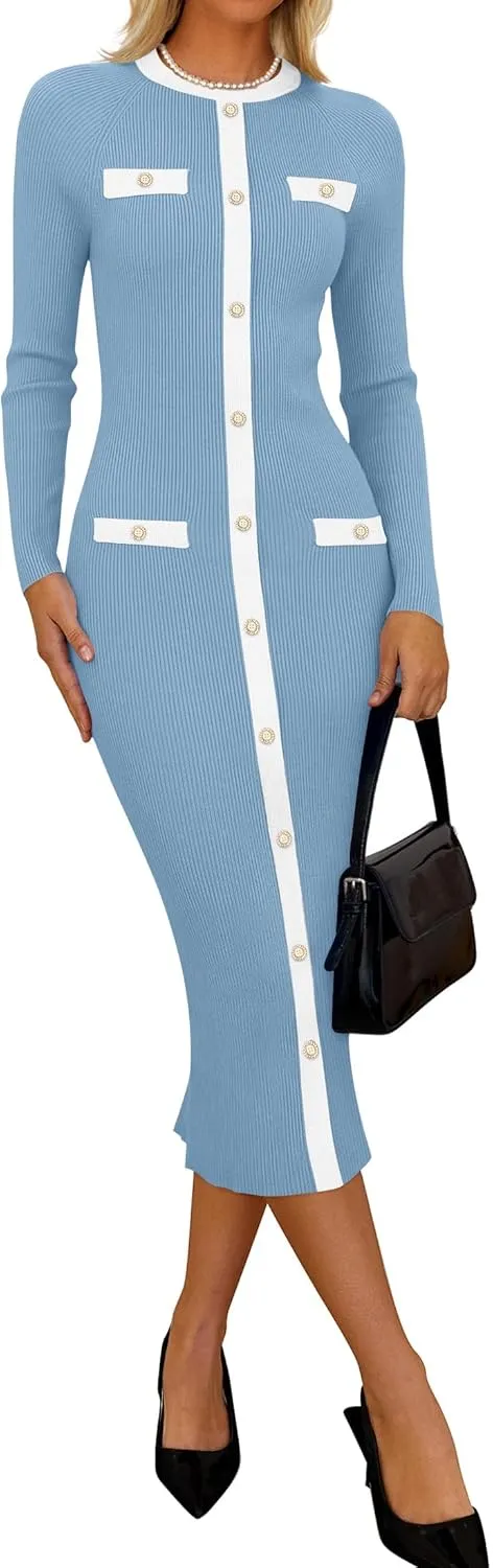 ZESICA Women's Ribbed Crewneck Sweater Dress 2024 Fall Winter Long Sleeve Button Color Block Knit Midi Dresses