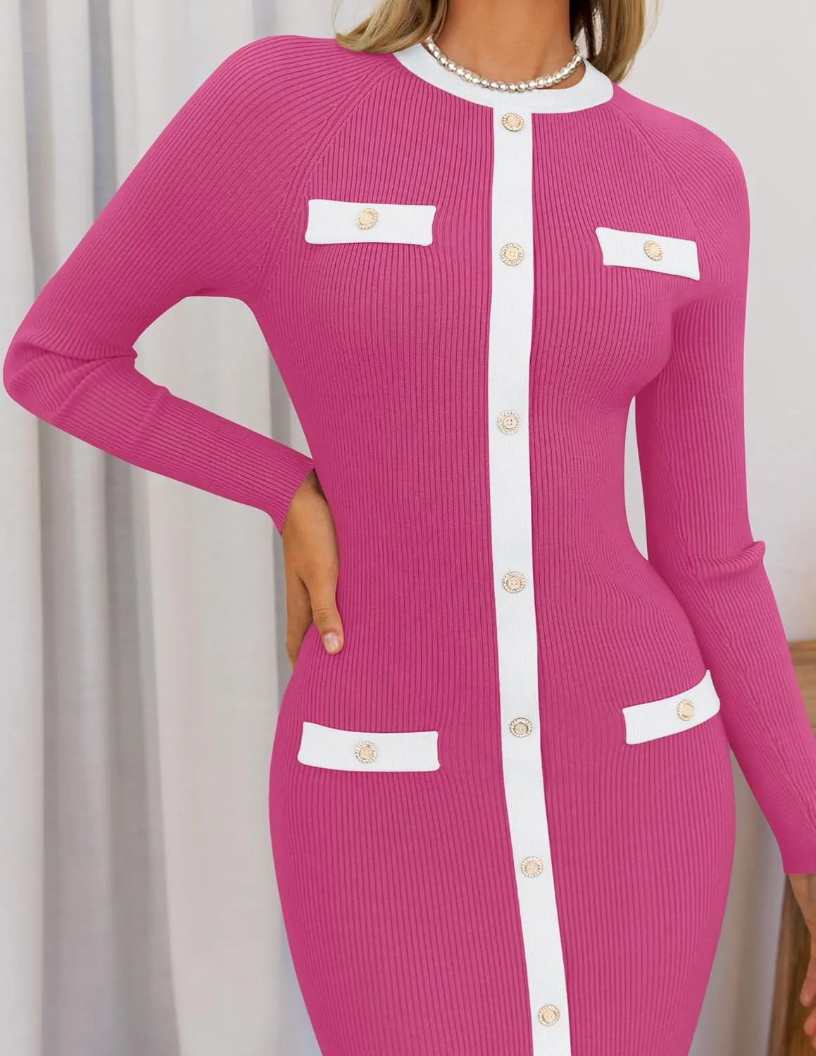 ZESICA Women's Ribbed Crewneck Sweater Dress 2024 Fall Winter Long Sleeve Button Color Block Knit Midi Dresses