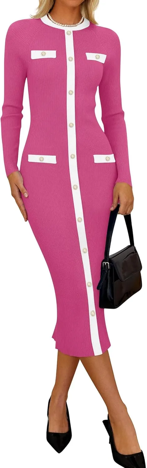 ZESICA Women's Ribbed Crewneck Sweater Dress 2024 Fall Winter Long Sleeve Button Color Block Knit Midi Dresses