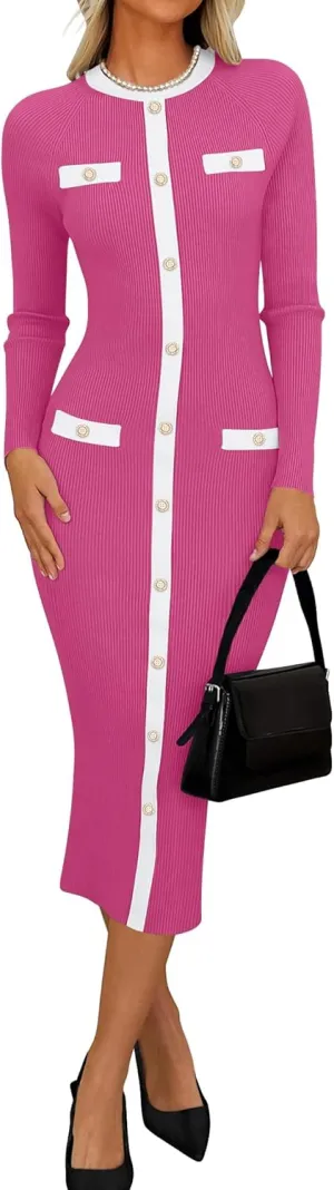 ZESICA Women's Ribbed Crewneck Sweater Dress 2024 Fall Winter Long Sleeve Button Color Block Knit Midi Dresses