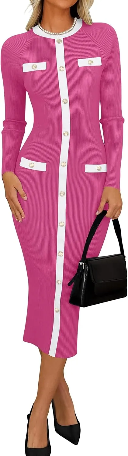 ZESICA Women's Ribbed Crewneck Sweater Dress 2024 Fall Winter Long Sleeve Button Color Block Knit Midi Dresses